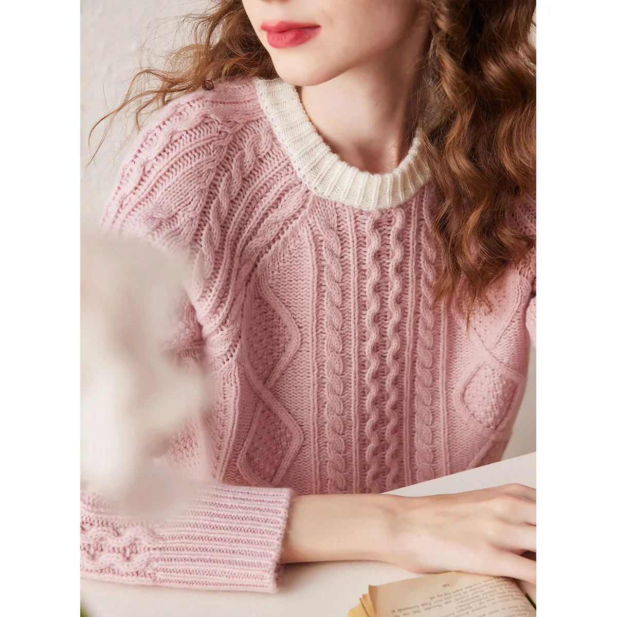 100% Wool Contrast Color Cable Knit Sweater