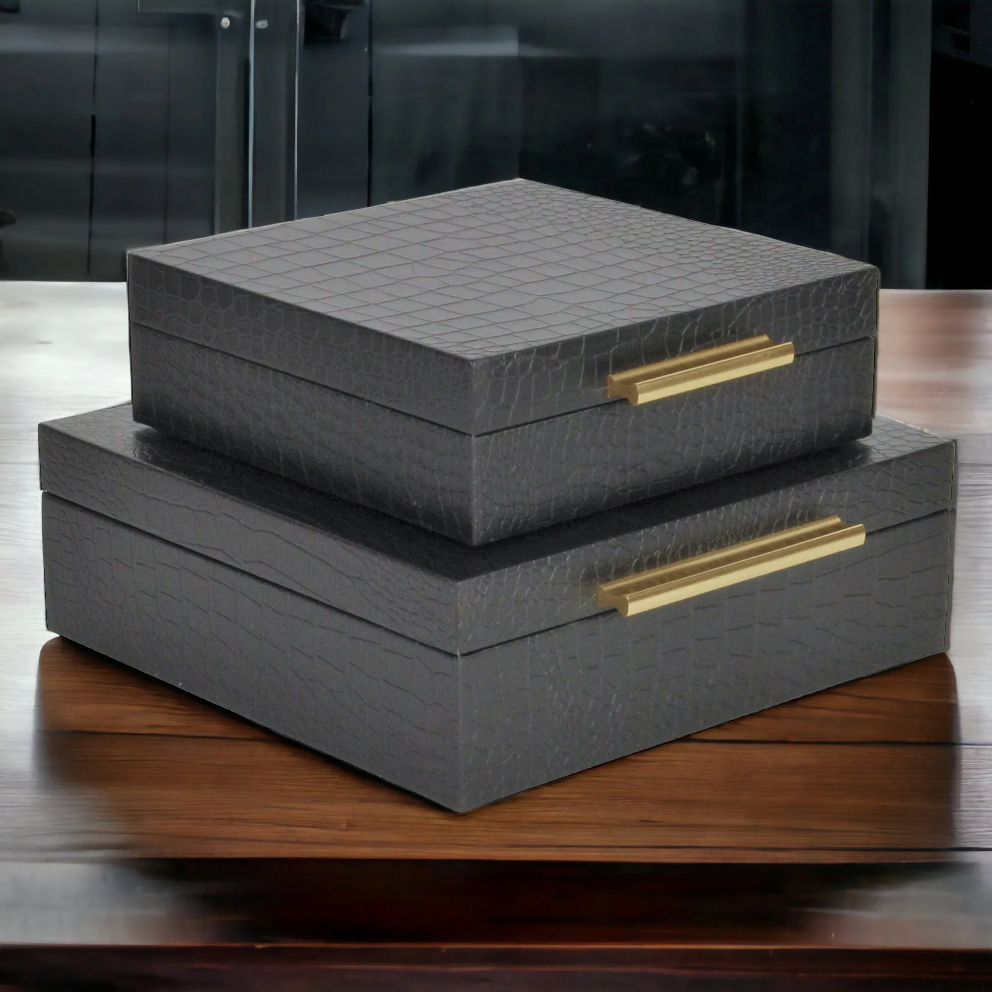 5825-2BKC - Lusan Square Shagreen Boxes - Black Croco