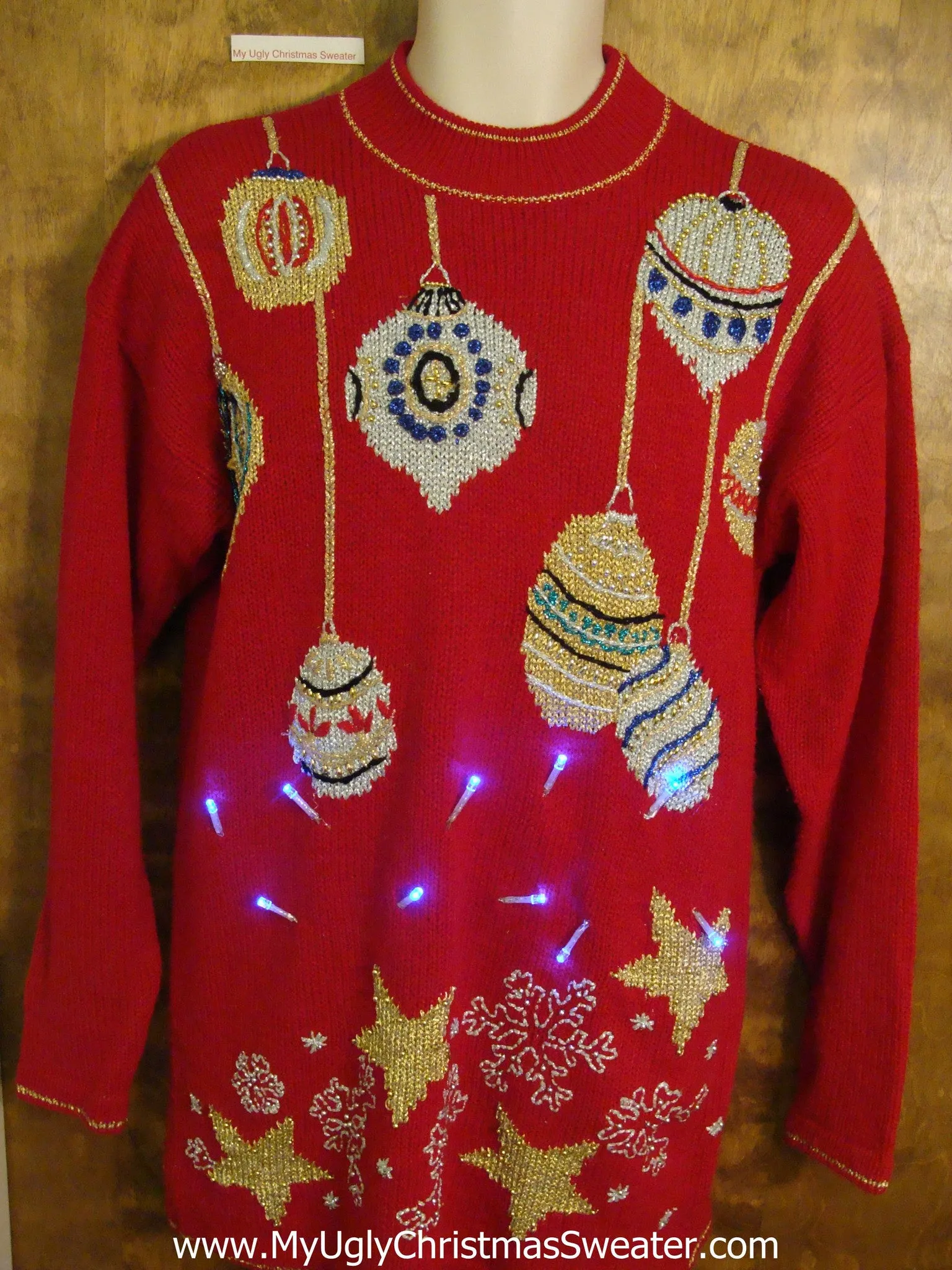 80s Bling Ornaments Acrylic Tacky Xmas Sweater with Lights