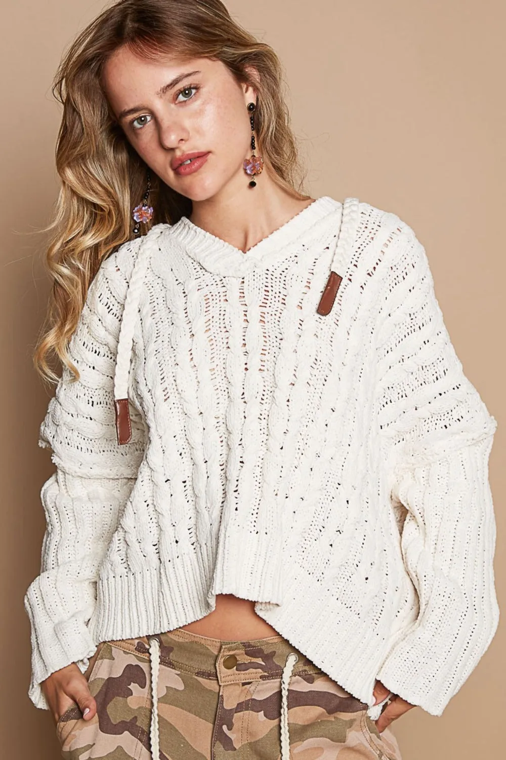 AA Rib Weave Sleeves Hooded Cable Knit Sweater