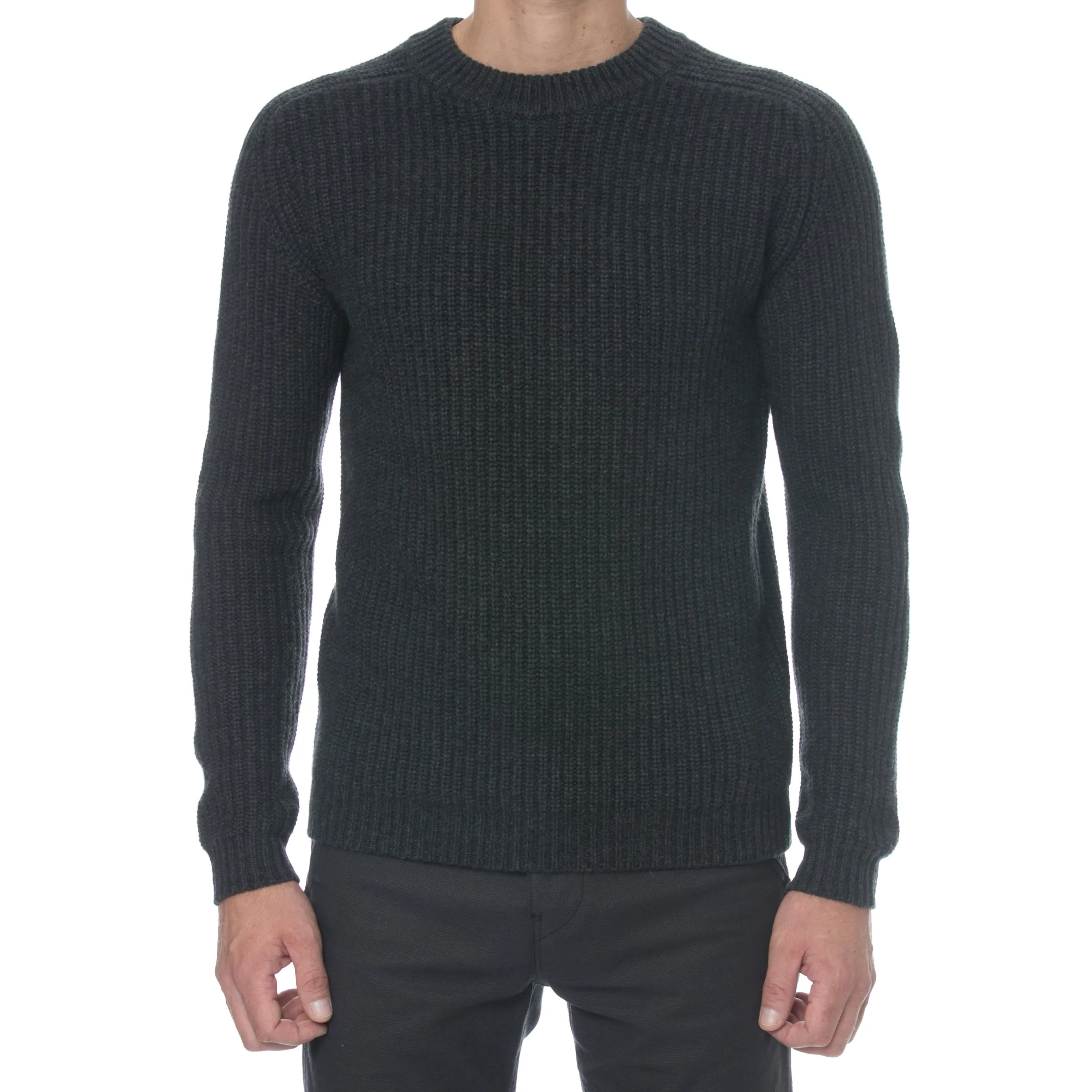 Anthracite Cashmere Wool Chunky Rib Knit Fisherman Sweater