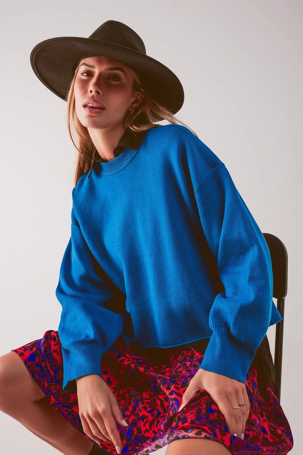 Balloon Sleeve Knitted Jumper in Blue