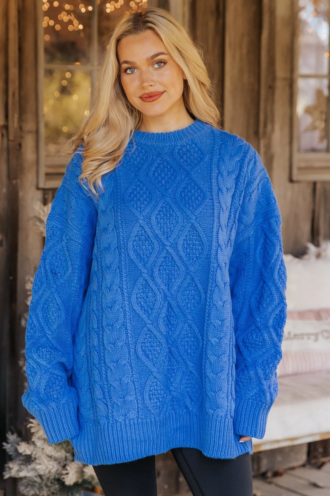 Blue Oversized Cable Knit Sweater