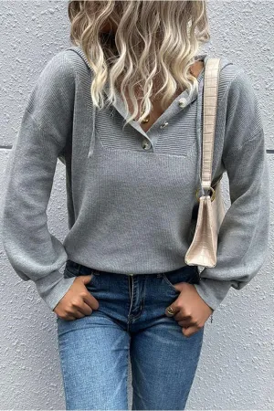 BUTTON NECK HOODIE CASUAL TOP