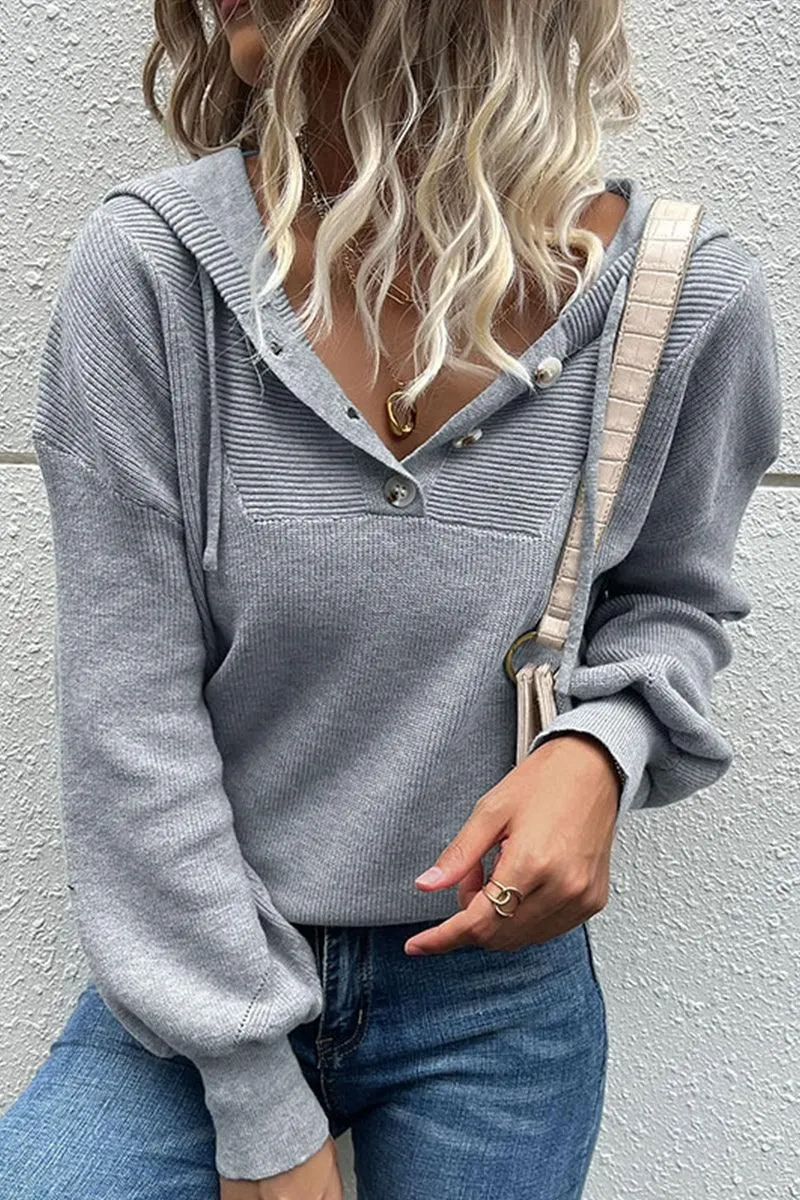 BUTTON NECK HOODIE CASUAL TOP