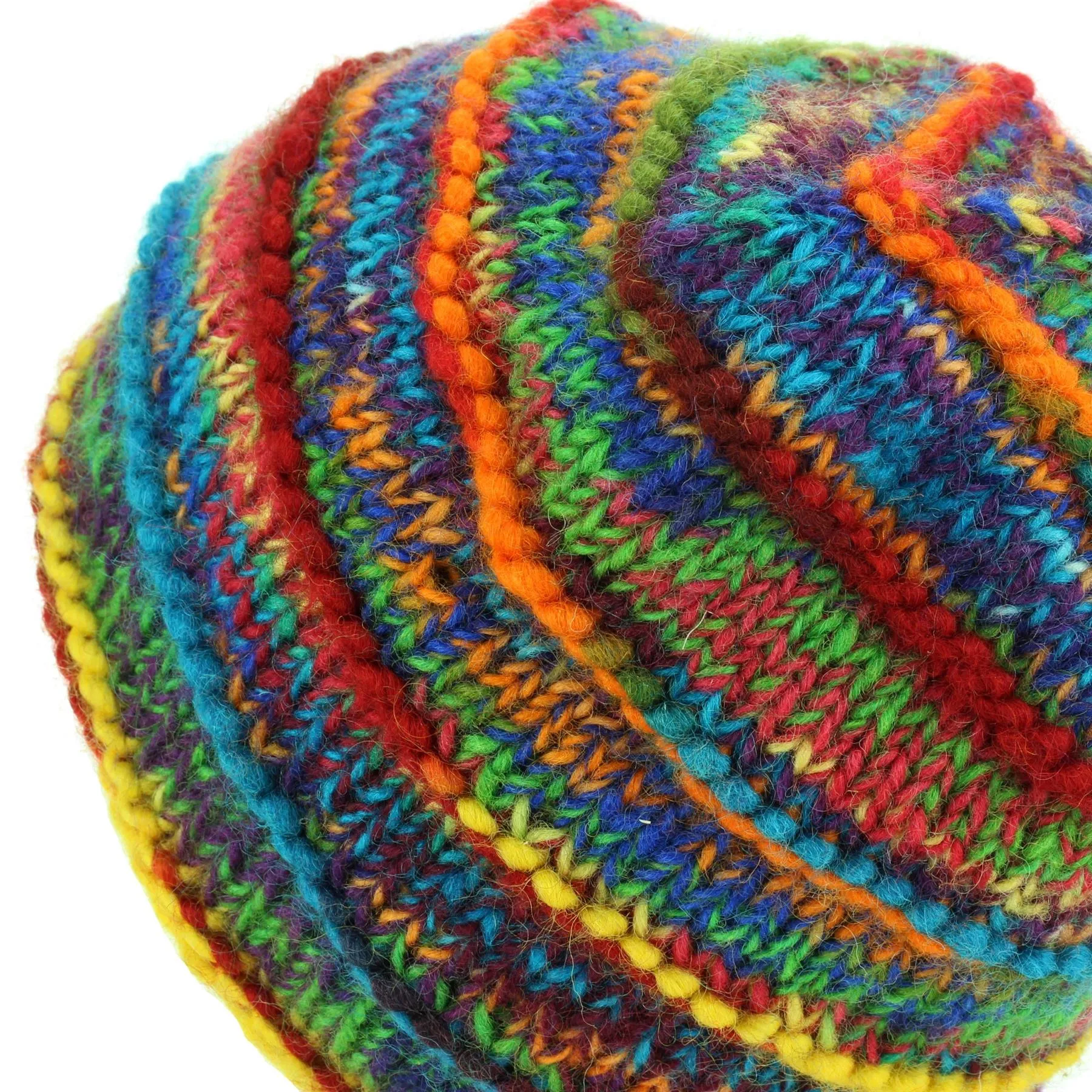 Chunky Ribbed Wool Knit Beanie Hat with Space Dye Design - Rainbow