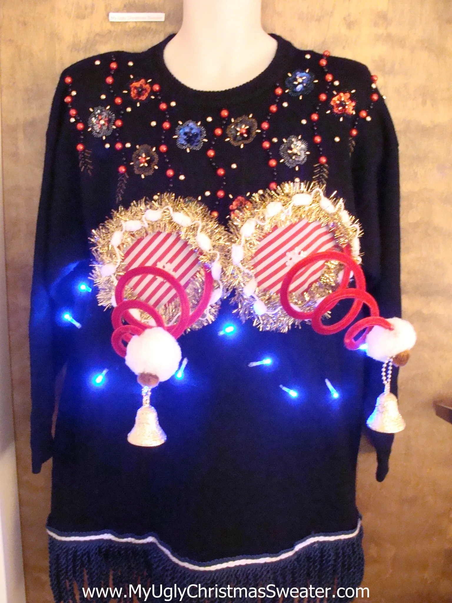 Corny 80s Bling Sweater with Naughty Xmas Decorations