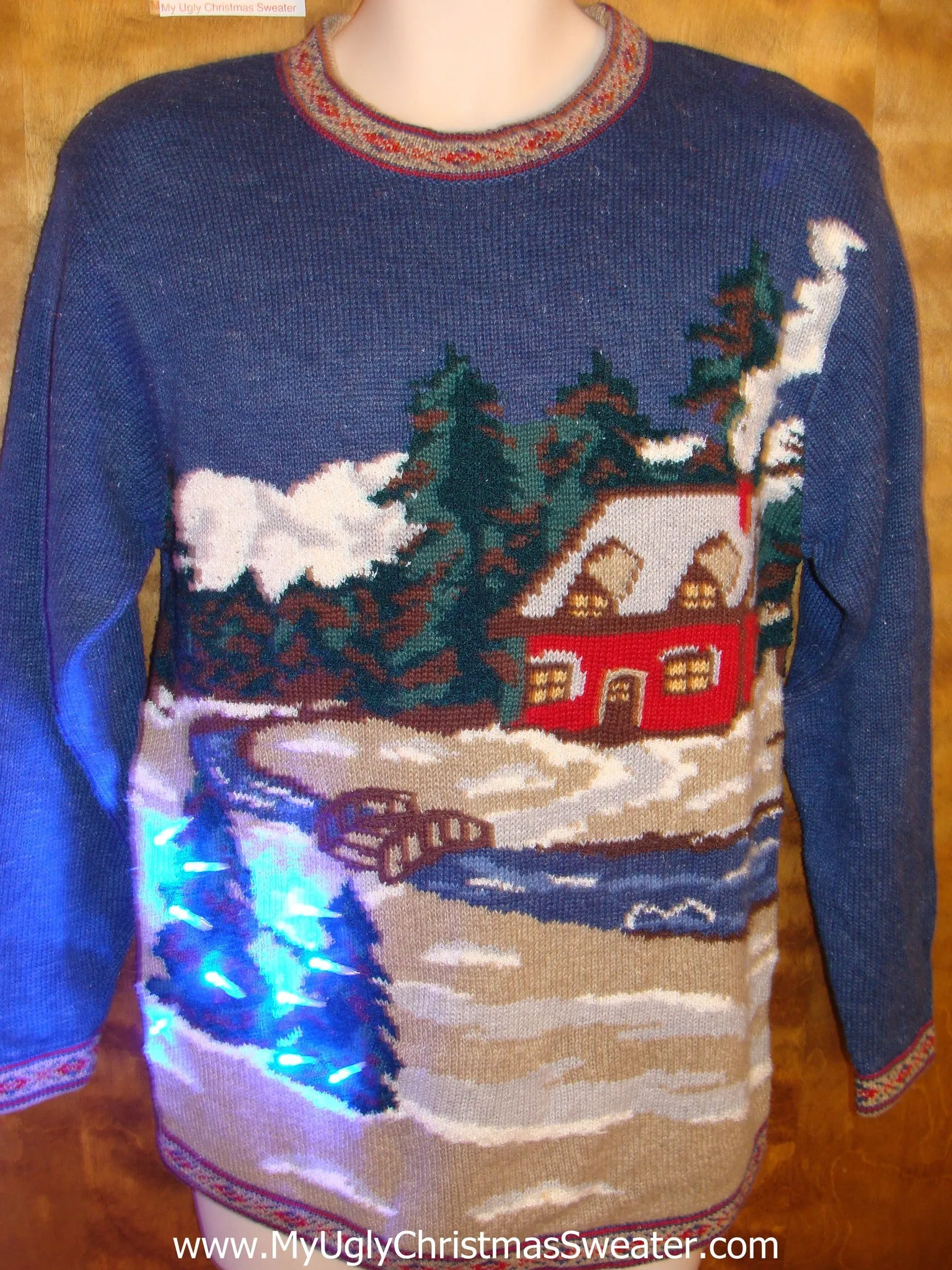 Cozy Red Cabin 80s Light Up Ugly Xmas Sweater