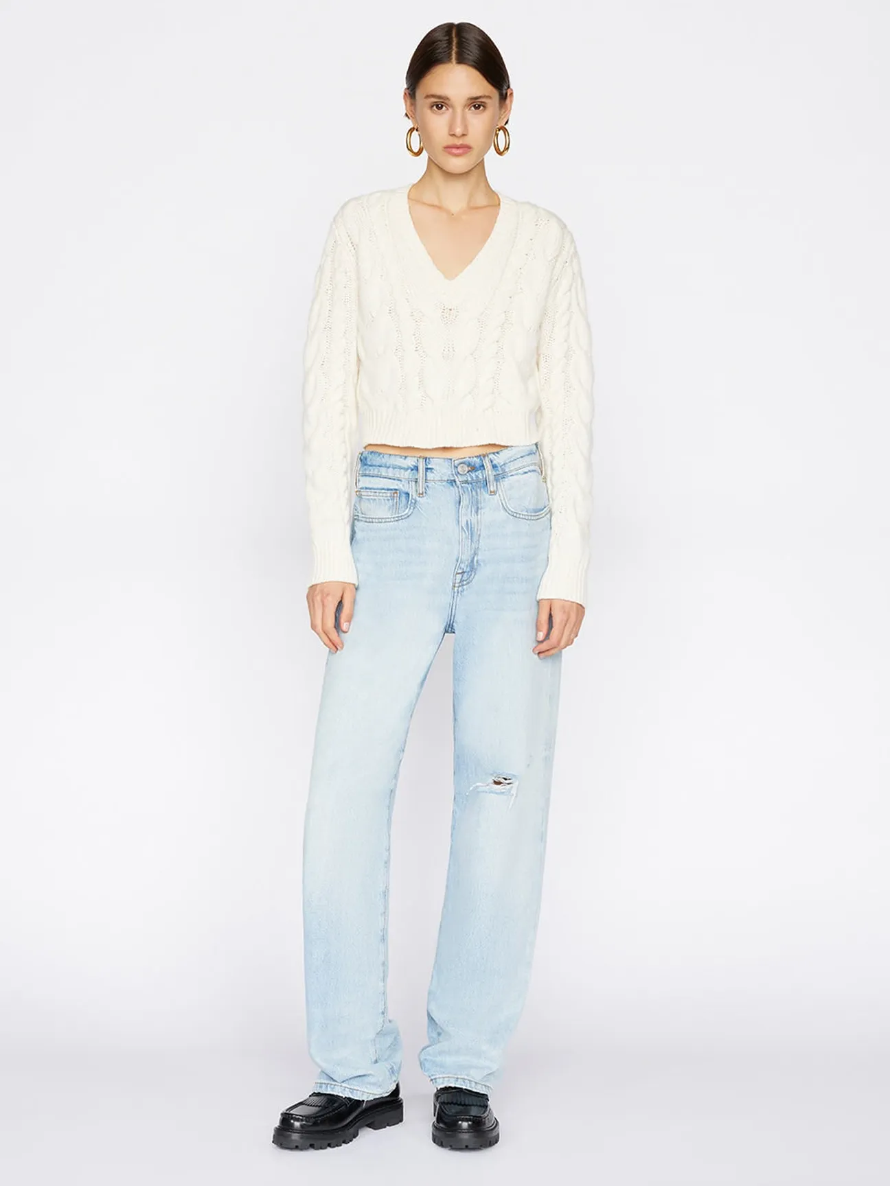 Cropped Cable V-Neck in Off White