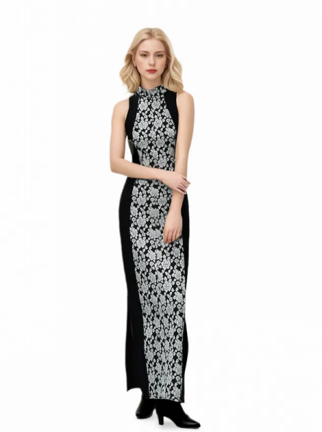 DaiYuan Black Embroidered Magnolia Print Modified Cheongsam