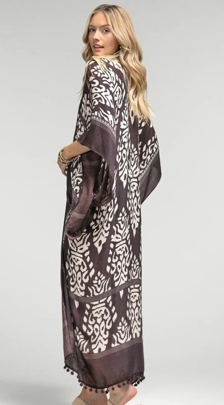 Damask Print Kimono With Sleeves