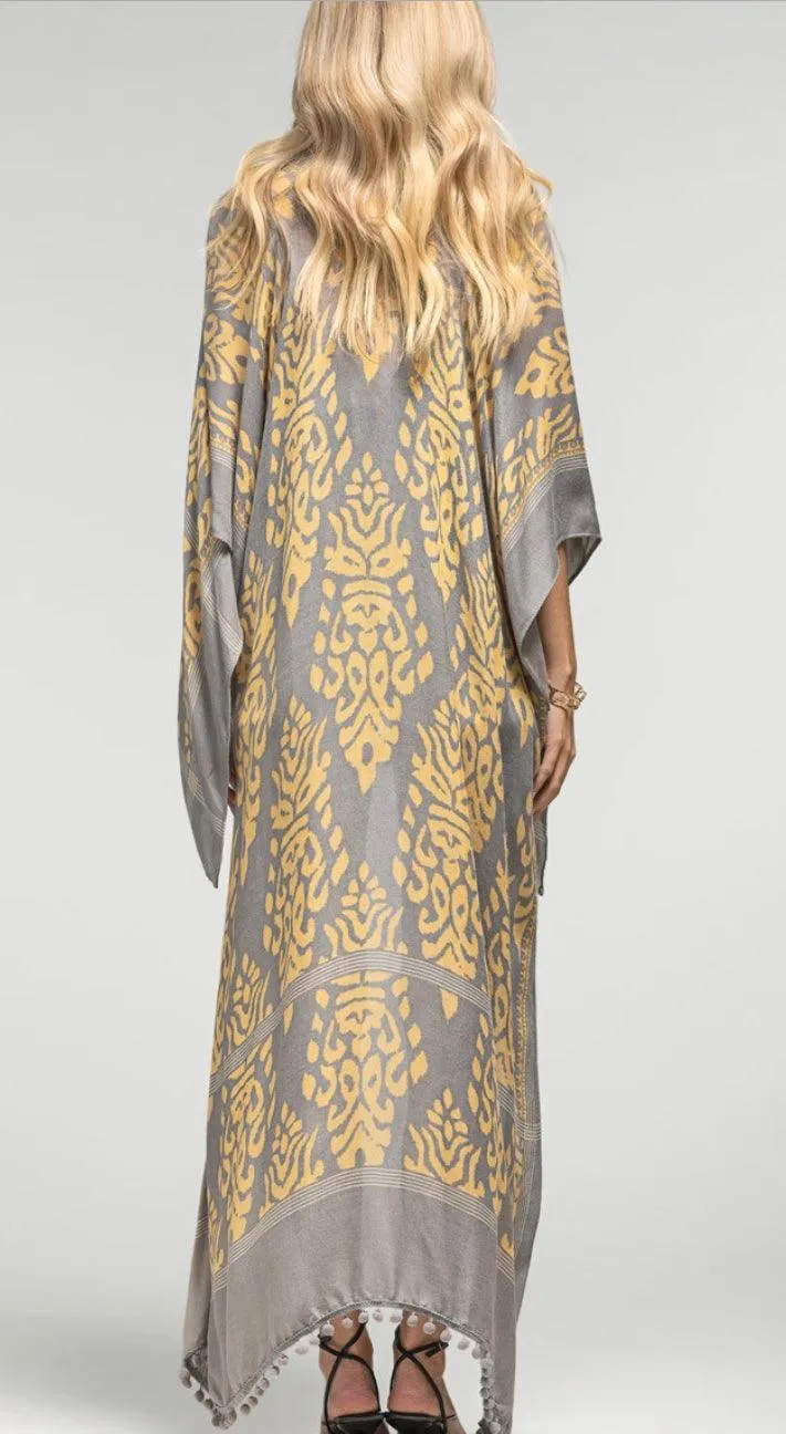 Damask Print Kimono With Sleeves