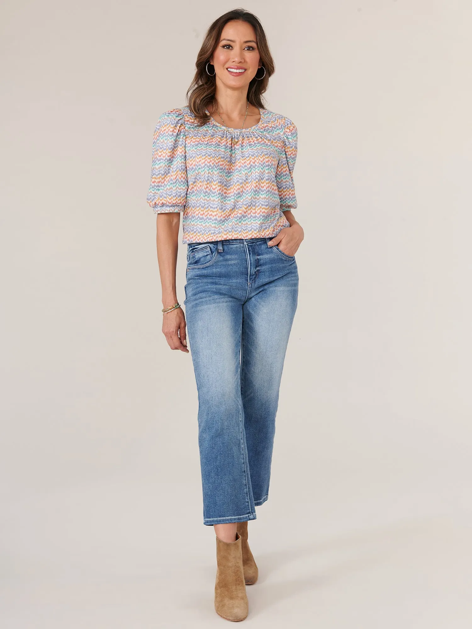 Elbow Puff Sleeve Ruched Crew Neck Stripe Printed Knit Top