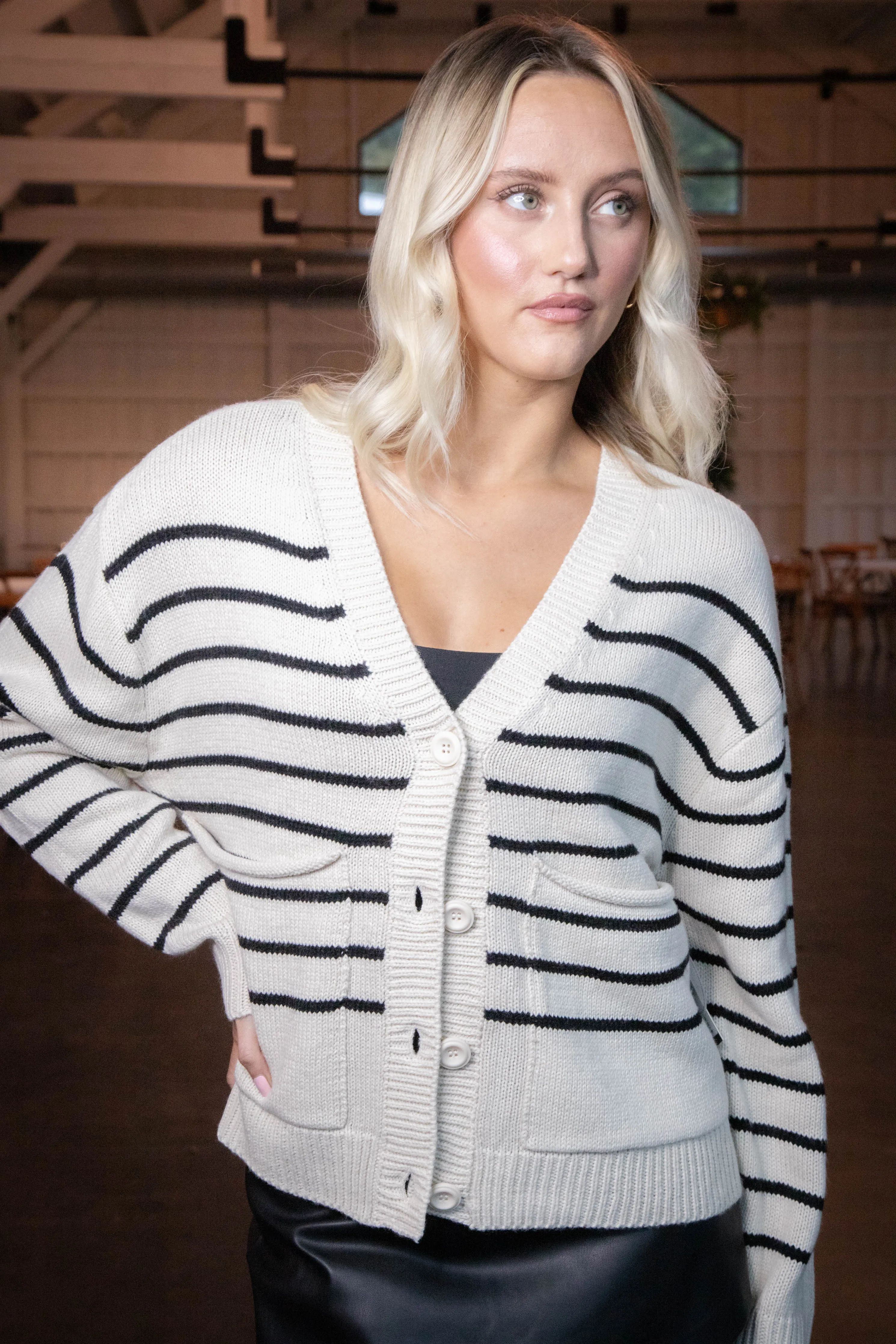 Fatima Striped Cardigan, White/Black | RD Style