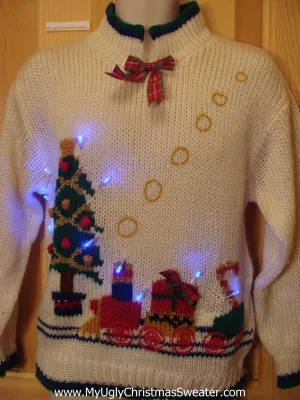 Funny Christmas Sweater with Lights 80s Train Blowing Smoke