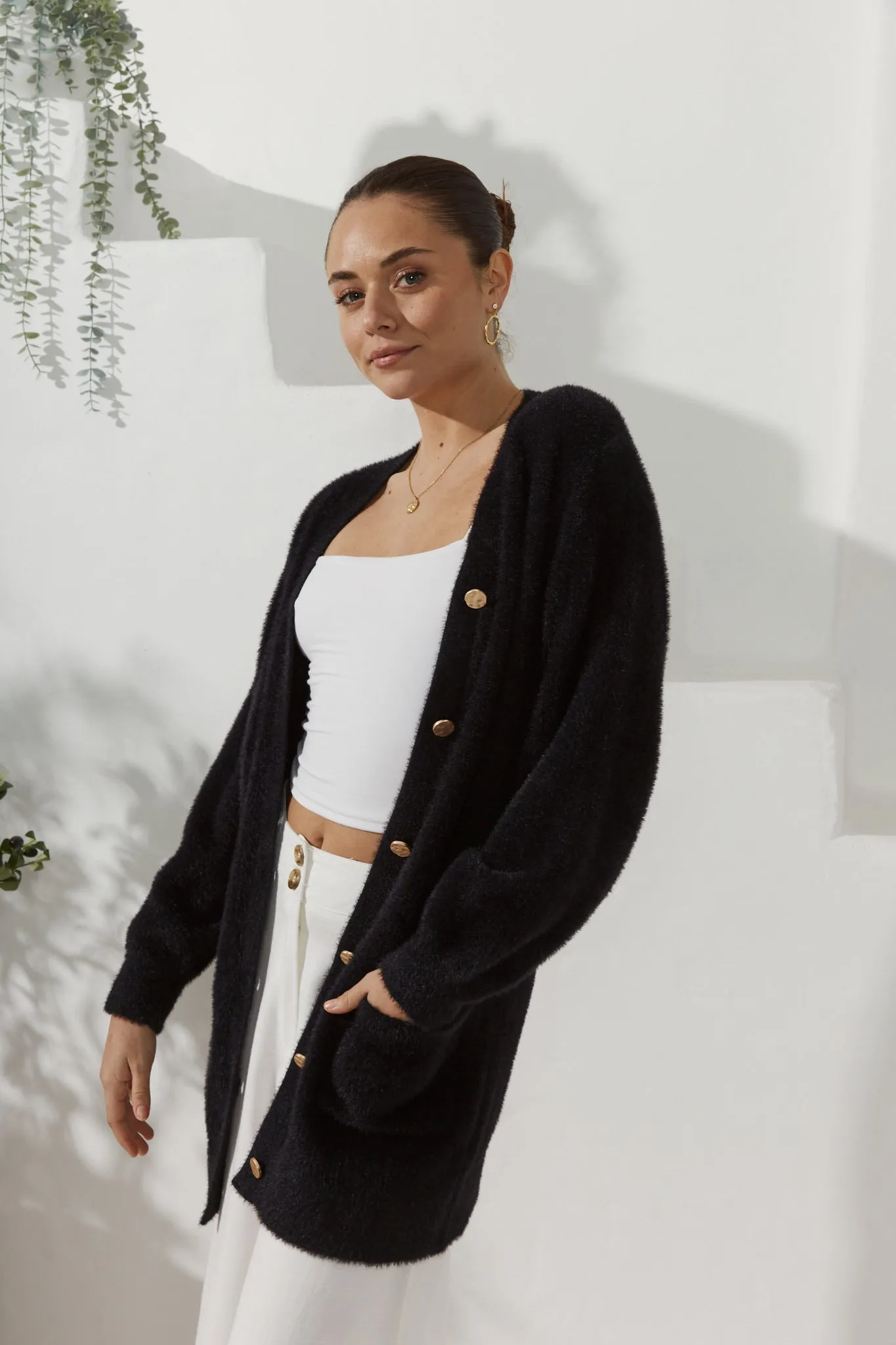 Imogen Black Longline Fluffy Knit Cardigan