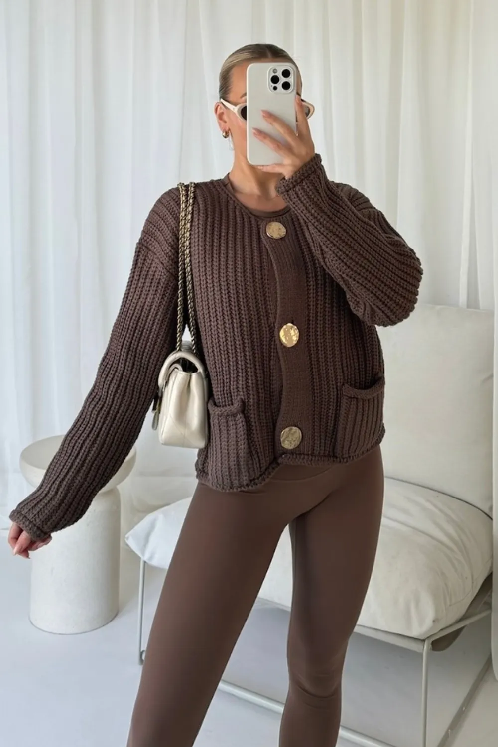 Kelly chocolate gold button knit cardigan