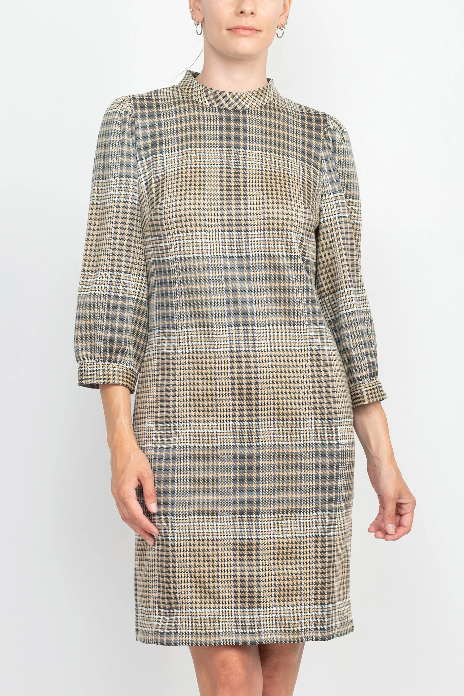 London Times Crew Neck 3/4 Bishop Sleeves Checkered Short Dress