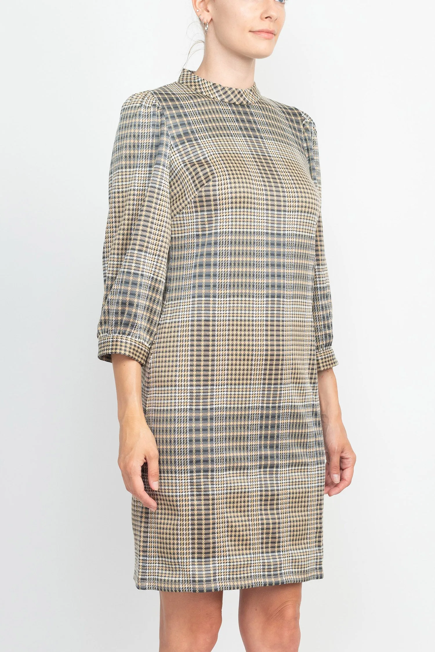 London Times Crew Neck 3/4 Bishop Sleeves Checkered Short Dress