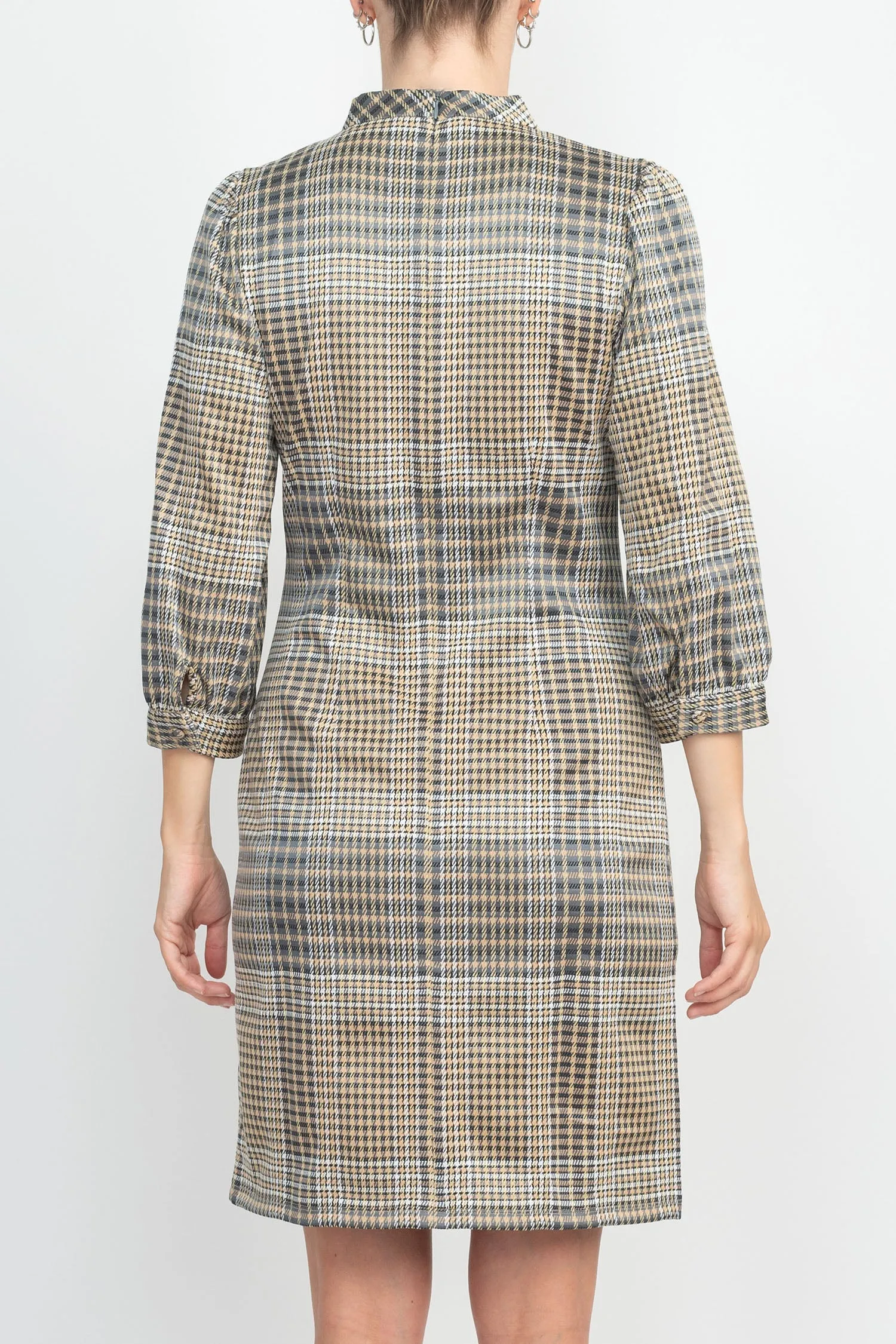 London Times Crew Neck 3/4 Bishop Sleeves Checkered Short Dress