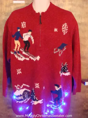 Old School Skiiers Light Up Ugly Xmas Sweater