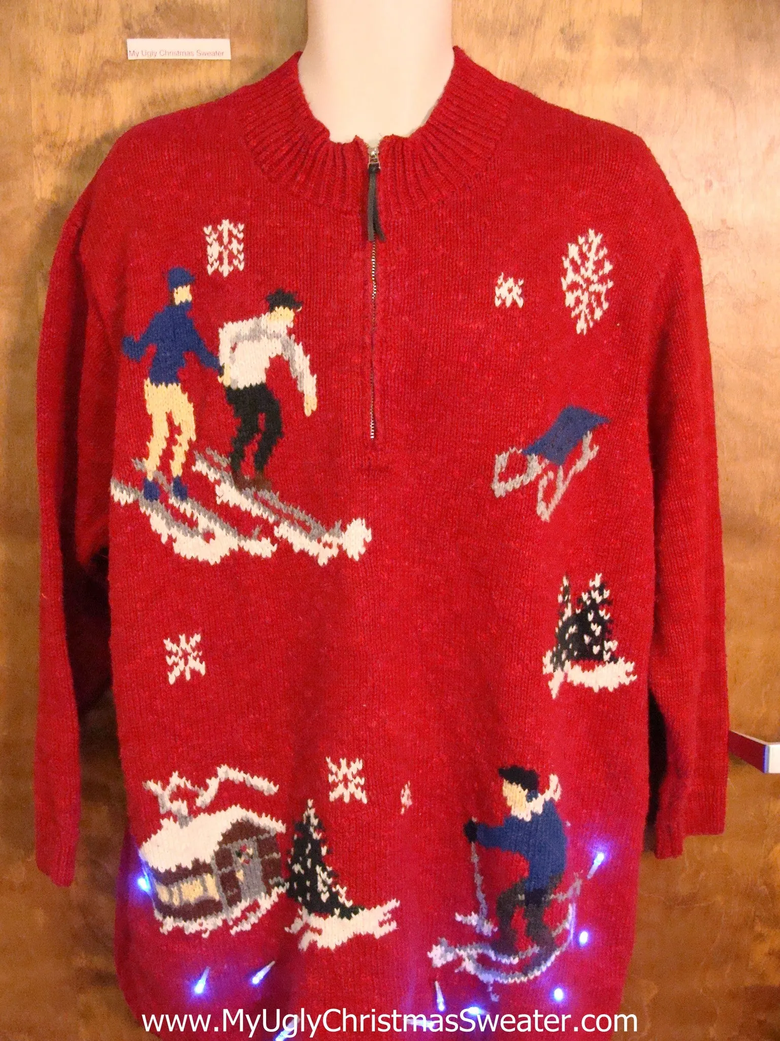 Old School Skiiers Light Up Ugly Xmas Sweater