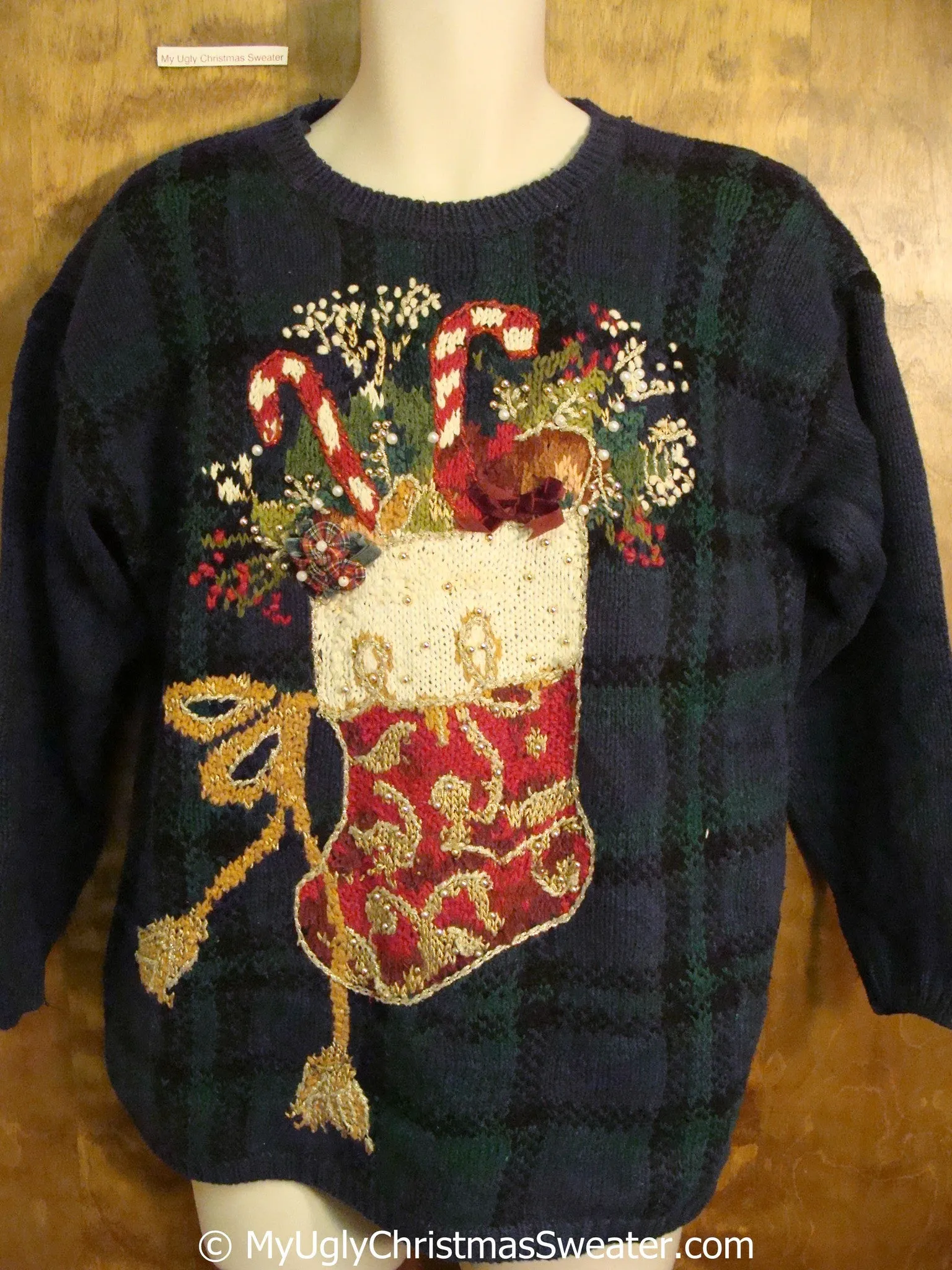 Ornate Stocking 80s Ugly Christmas Sweater Pullover