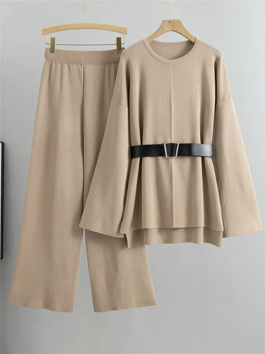 Pre Order: Knitted Loose Belted Sweater   Wide Leg Pants Set