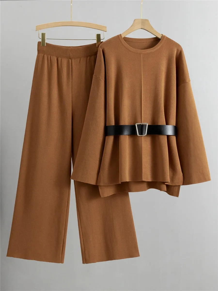 Pre Order: Knitted Loose Belted Sweater   Wide Leg Pants Set