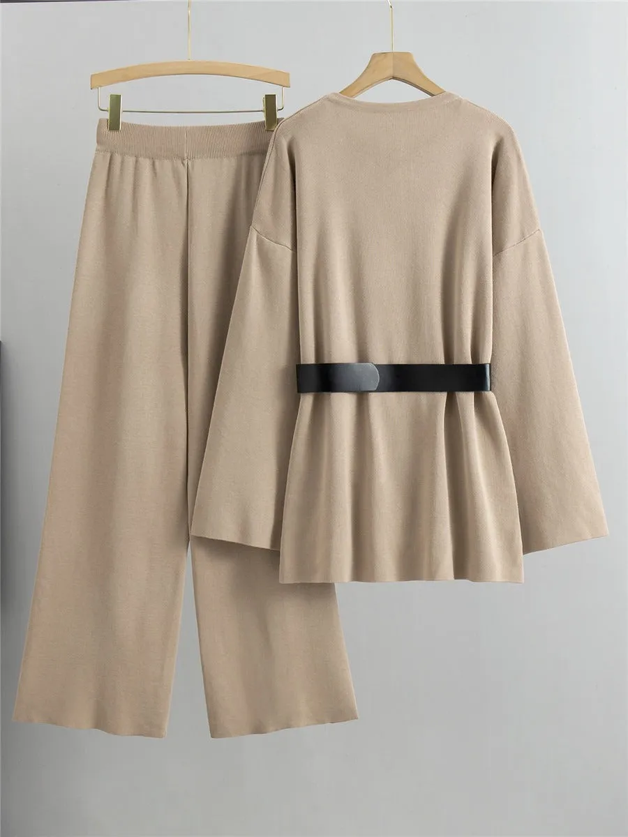 Pre Order: Knitted Loose Belted Sweater   Wide Leg Pants Set