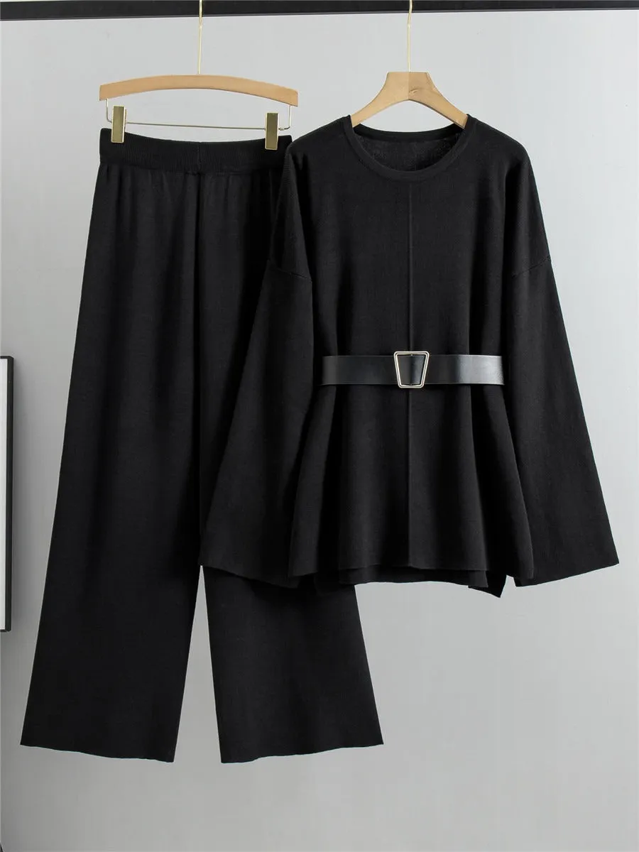 Pre Order: Knitted Loose Belted Sweater   Wide Leg Pants Set