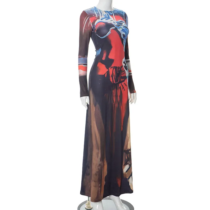 Pre Order:  Long Sleeve Printed Bodycon Maxi Dress