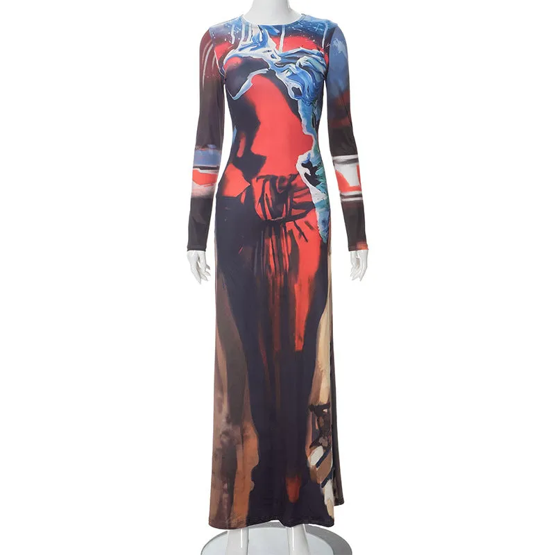 Pre Order:  Long Sleeve Printed Bodycon Maxi Dress