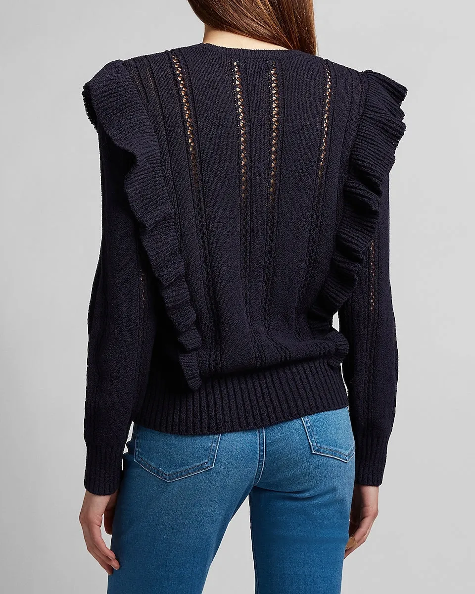 Ruffle Cable Knit Sweater in Navy Blue