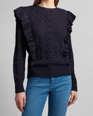 Ruffle Cable Knit Sweater in Navy Blue