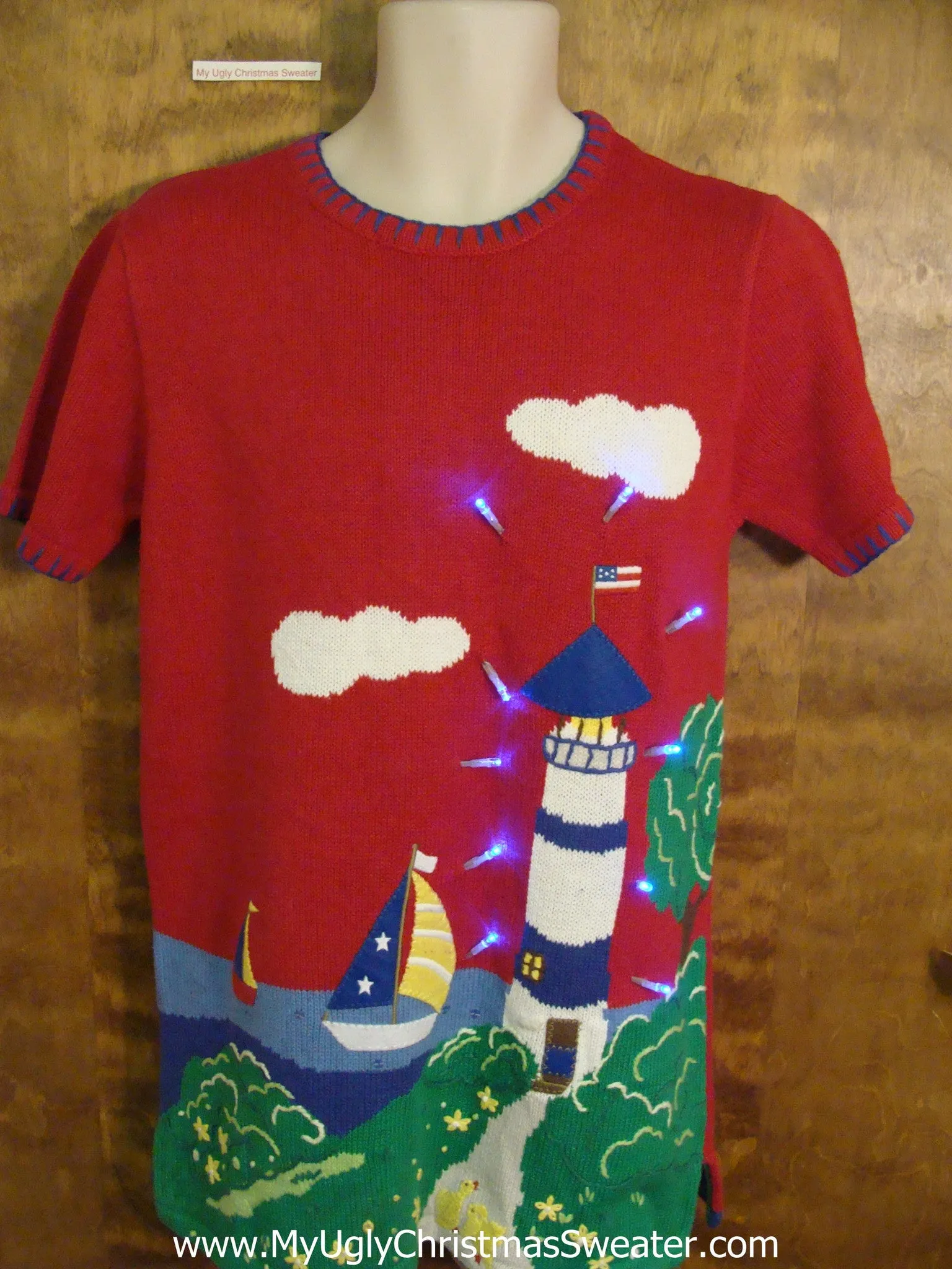 Short Sleeved Beach Lighthouse Light Up Ugly Xmas Sweater