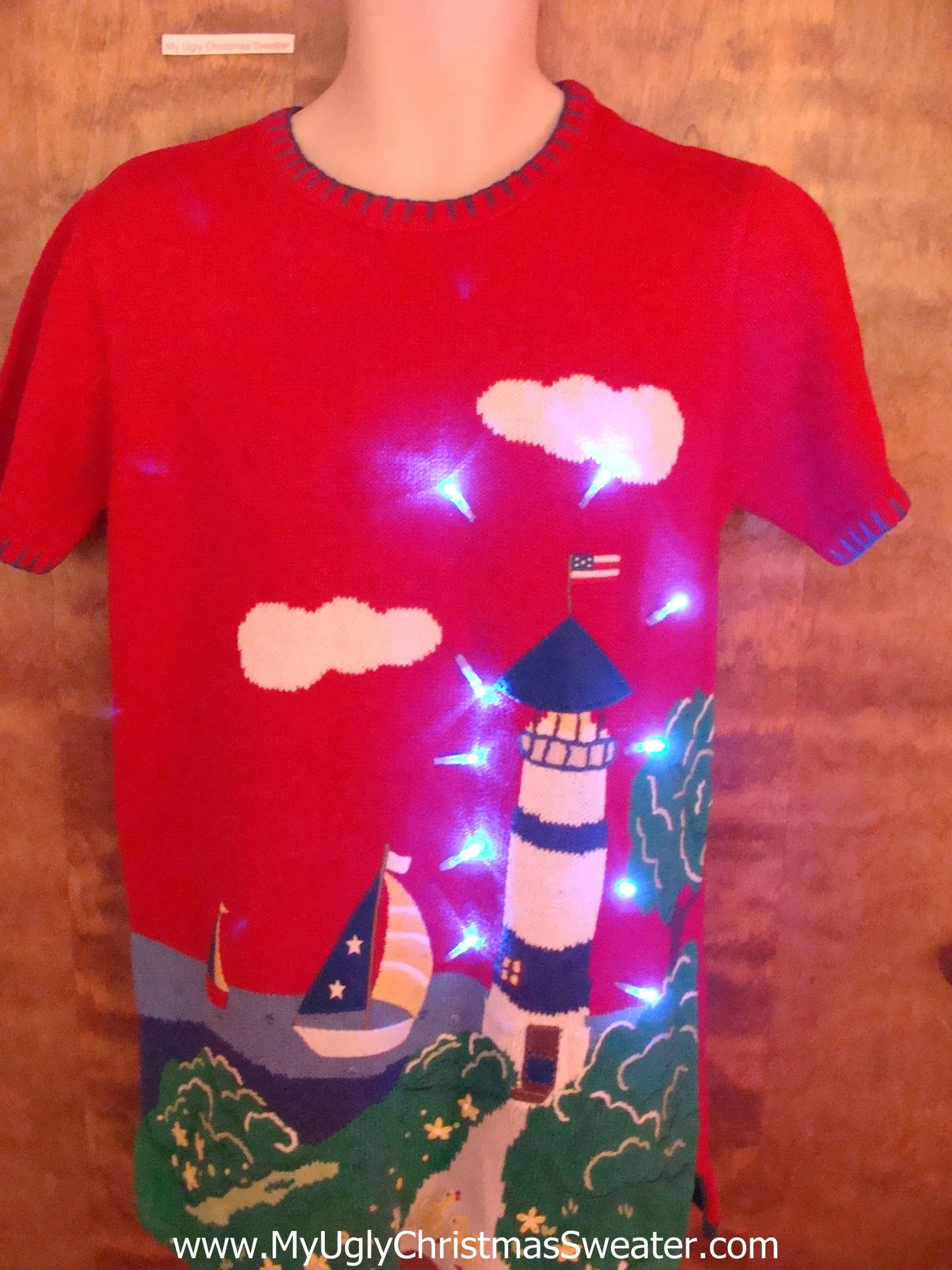 Short Sleeved Beach Lighthouse Light Up Ugly Xmas Sweater