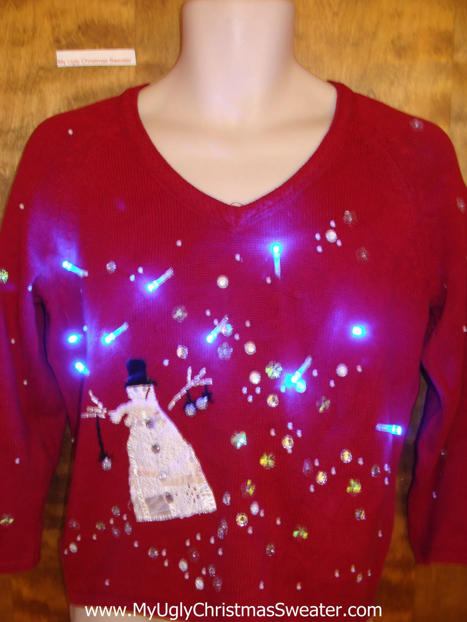 Snowman and Stars Red Tacky Xmas Sweater with Lights