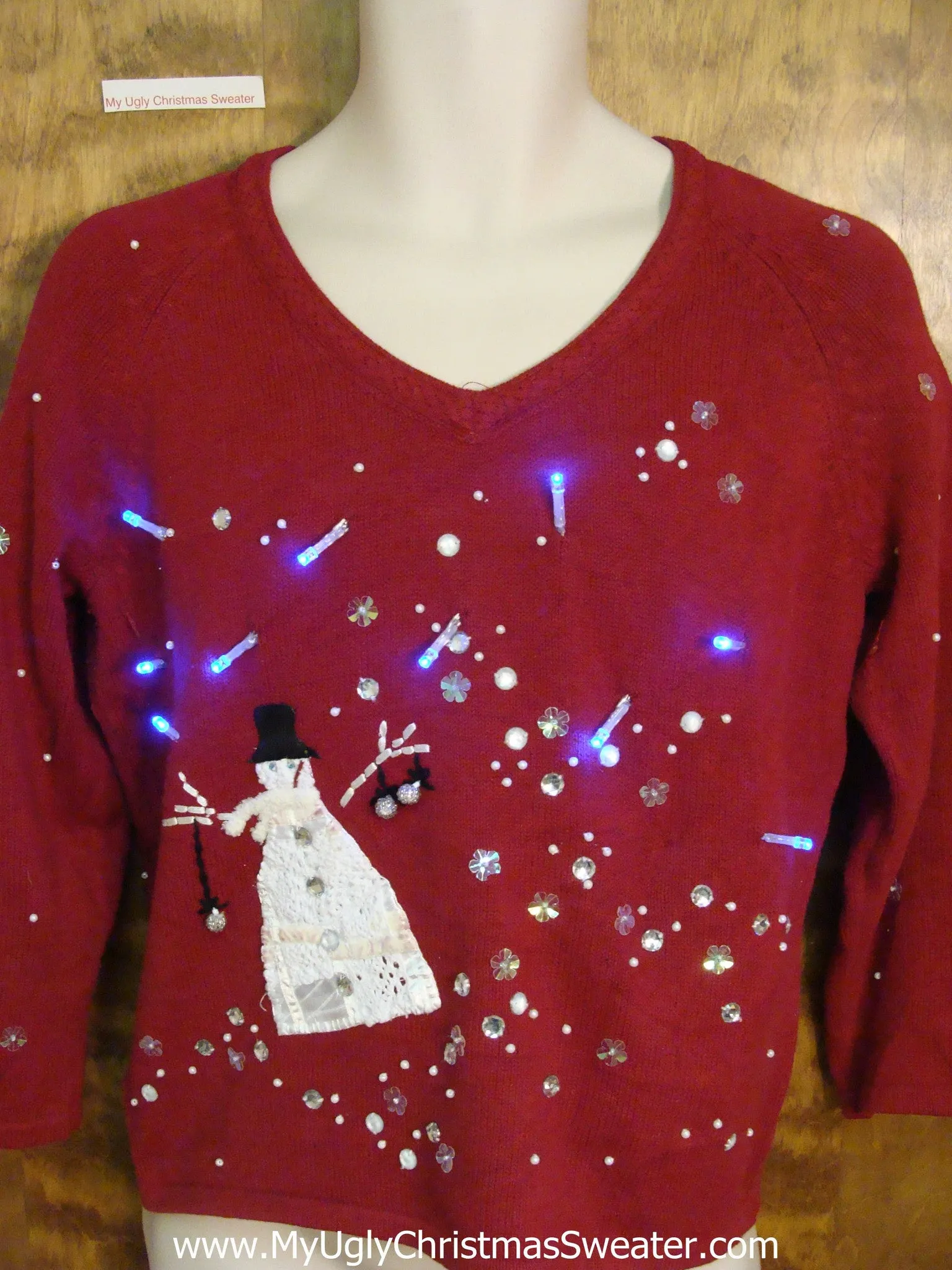 Snowman and Stars Red Tacky Xmas Sweater with Lights