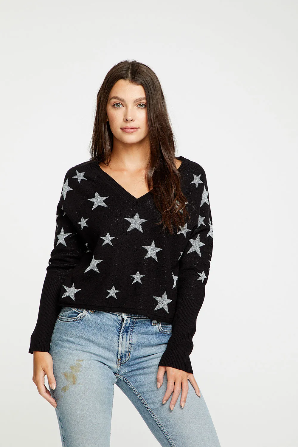 Star Intarsia V-Neck Raglan Pullover