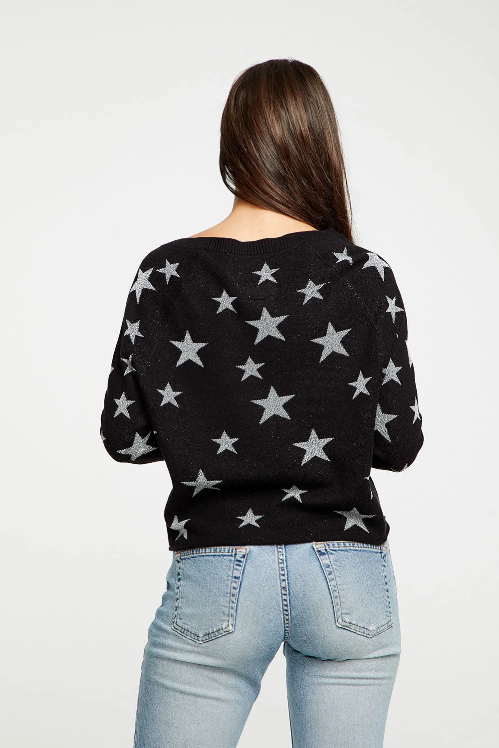 Star Intarsia V-Neck Raglan Pullover