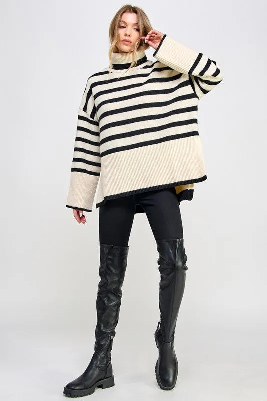 Stevie Striped Turtleneck Pullover Knit Sweater