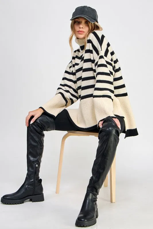 Stevie Striped Turtleneck Pullover Knit Sweater