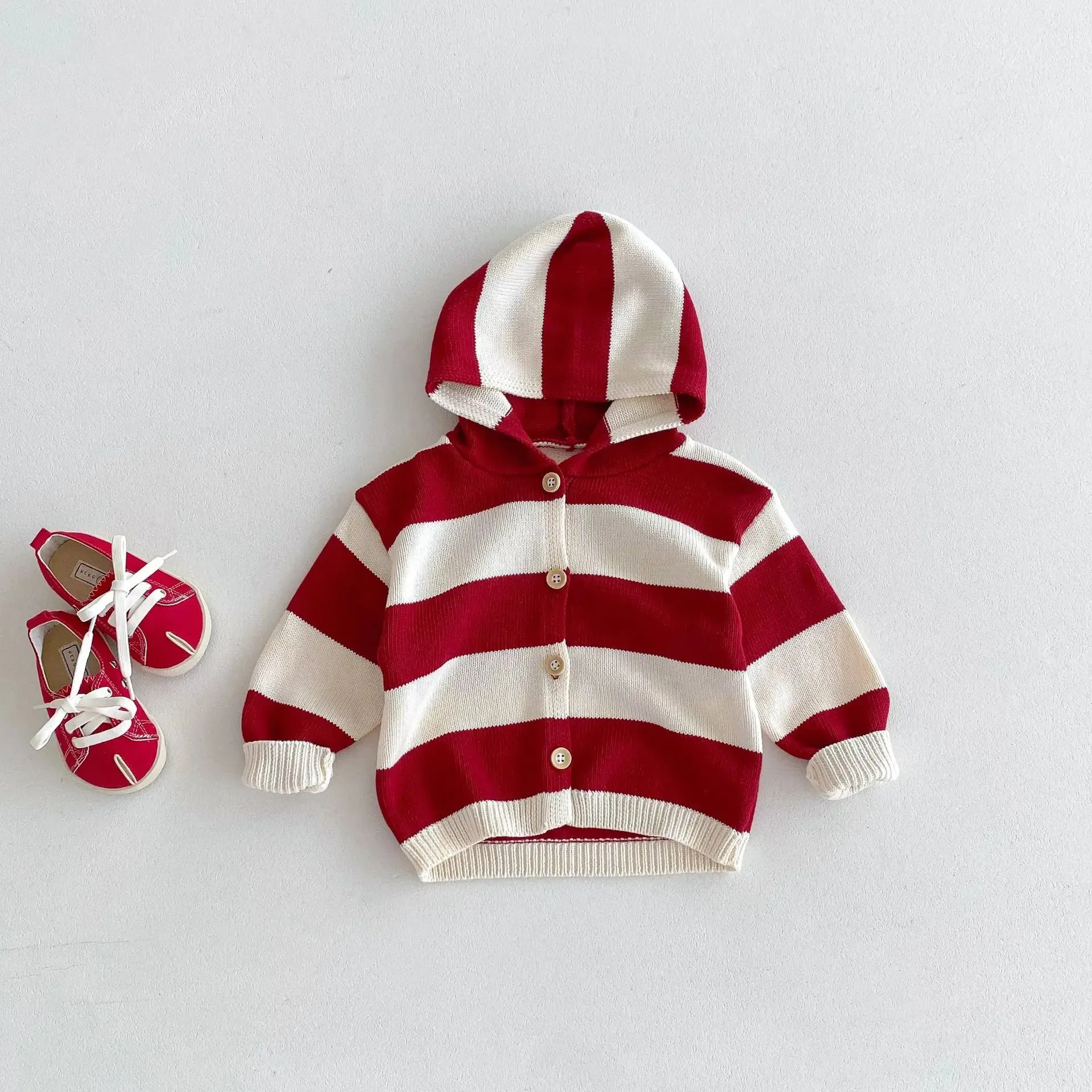 Striped Hooded Button-Down Cardigan