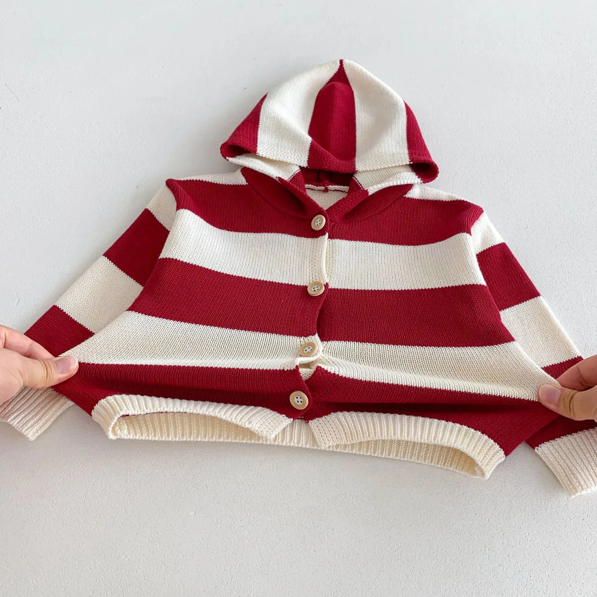 Striped Hooded Button-Down Cardigan