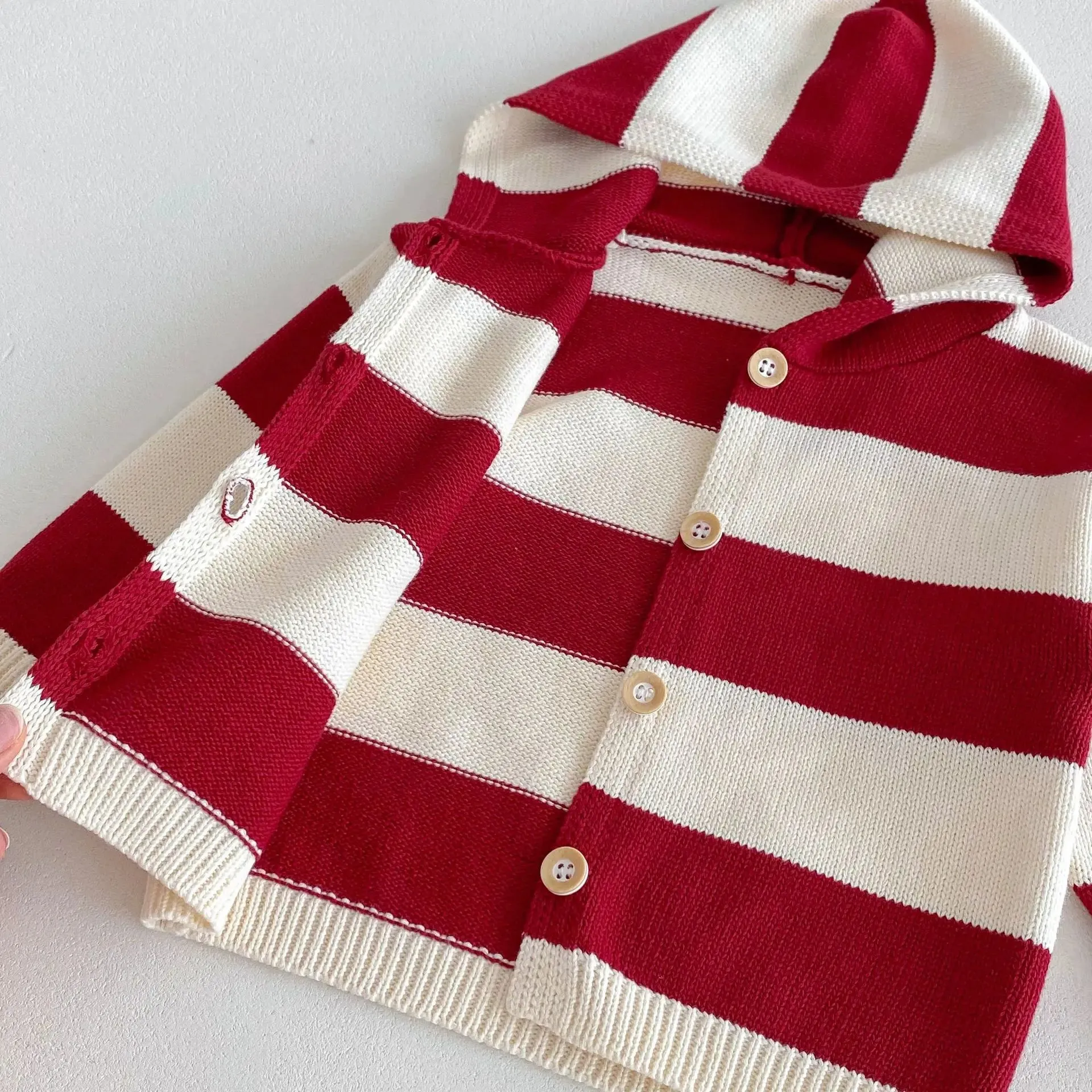 Striped Hooded Button-Down Cardigan