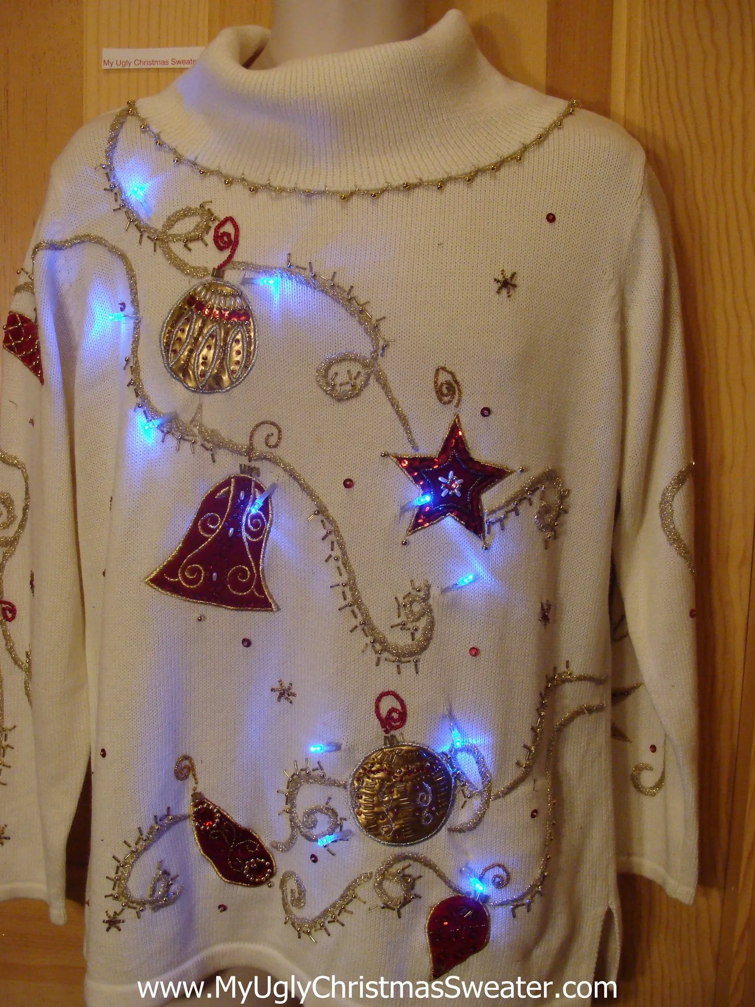 Tacky Light Up Christmas Sweater 80s Bling Stars, Bells, Ornaments