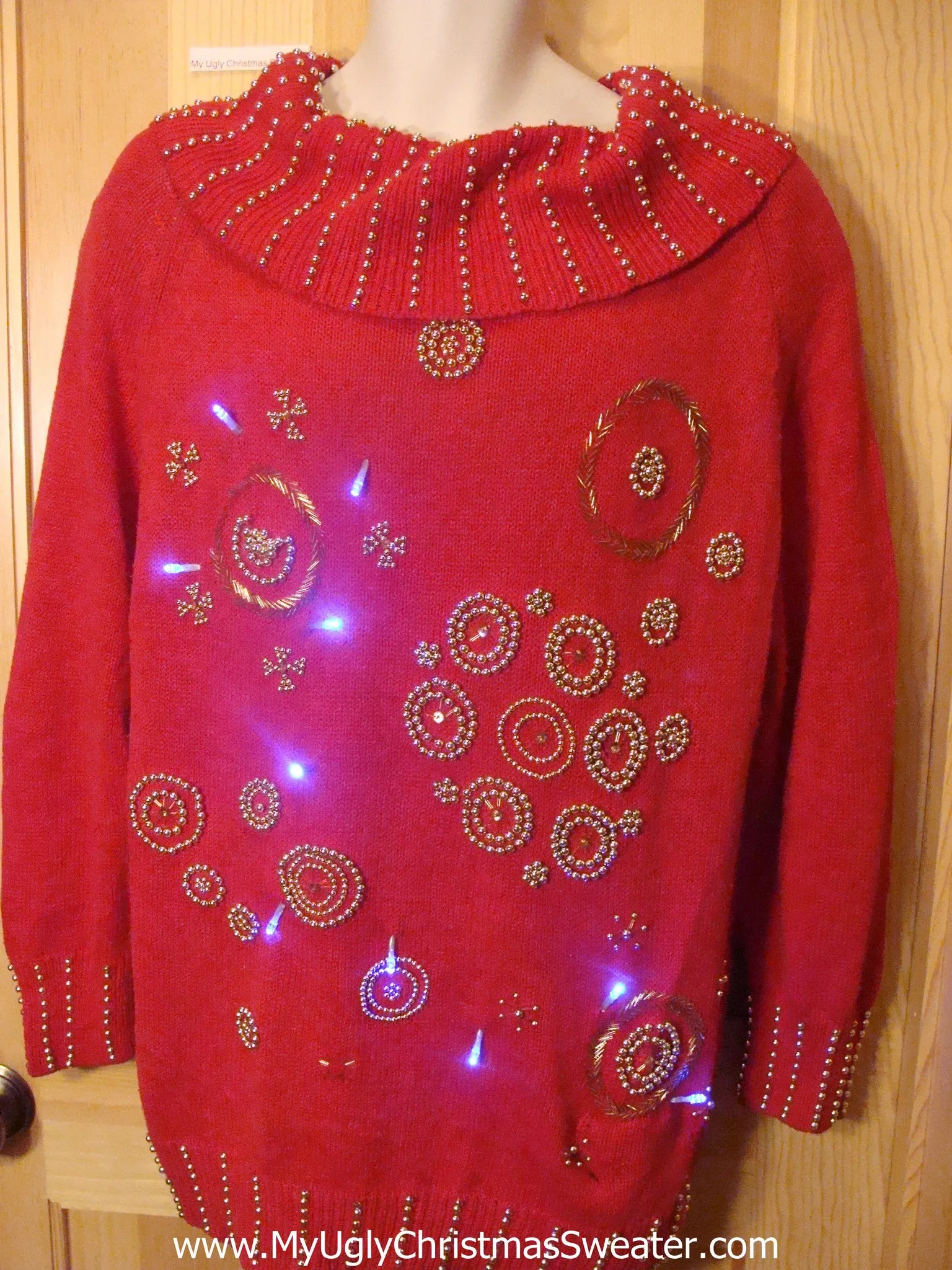 Tacky Red 80s Light Up Christmas Sweater Bead Bling Snowflakes