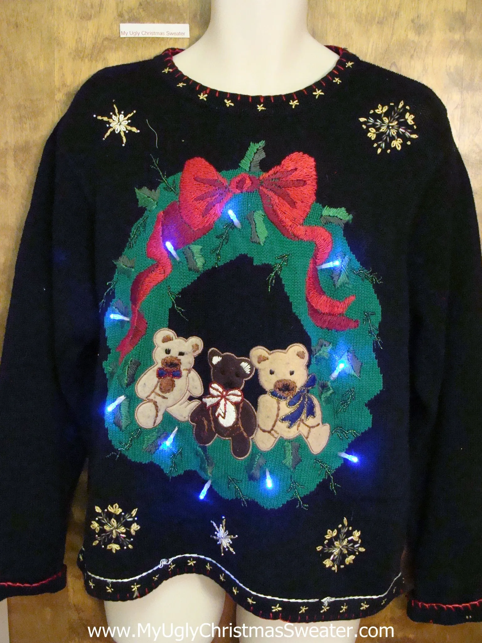 Teddy Bears in a Wreath Light Up Ugly Xmas Sweater