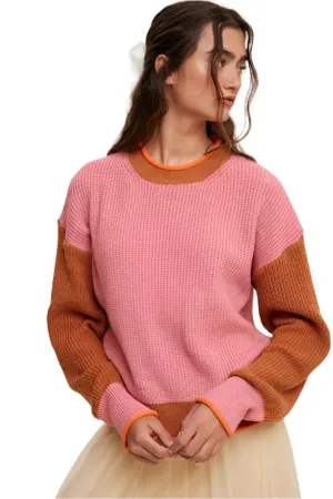 TEEK - Pink Color Block Ribbed Knit Sweater